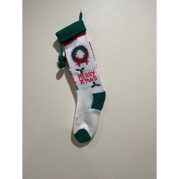 Merry Christmas Stocking 21” Green White Knit Xmas Holiday Mantle Decor - Picture 1 of 2